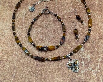 Tigerseye Solid Sterling Coordinating 3 Piece Jewelry Set, Beaded Adjustable Necklace, Toggle Bracelet, Pierced Sterling Earrings, Genuine