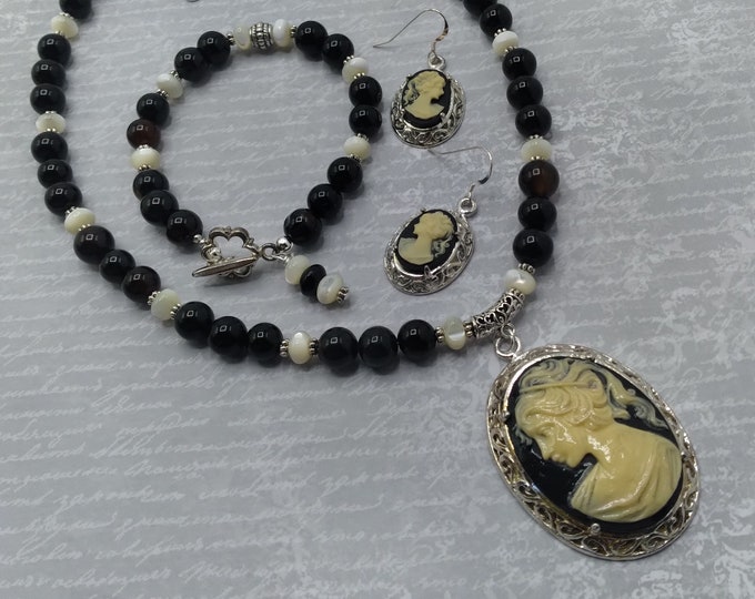 Cameo 17” Beaded 3 Piece Set, Black Agate, Mother-of-Pearl Adjustable Necklace, Coordinating Bracelet, Matching Cameo Pierced Earrings