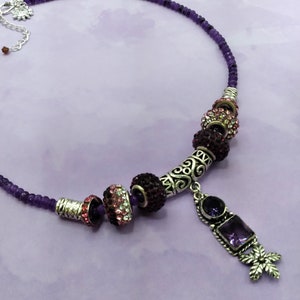Amethyst, Silver, Genuine Gem Slide Pendant, 18&quot; Faceted Amethyst Beaded Adjustable Necklace, 8 Crystal and Silver Beads, 10 Piece Set