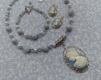 Cameo 3 piece Beaded Gemstone Jewelry Set of Blue Lace Agate, Pearl, Crystal, Adjustable Necklace, Coordinating Bracelet, Cameo Earrings