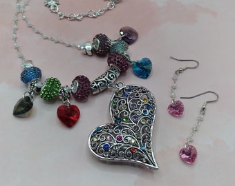 Multi Color Crystal & Silver Heart Pendant, Set Includes Moonstone 20" Adjustable Necklace and Coordinating Hypo-Allergenic Crystal Earrings