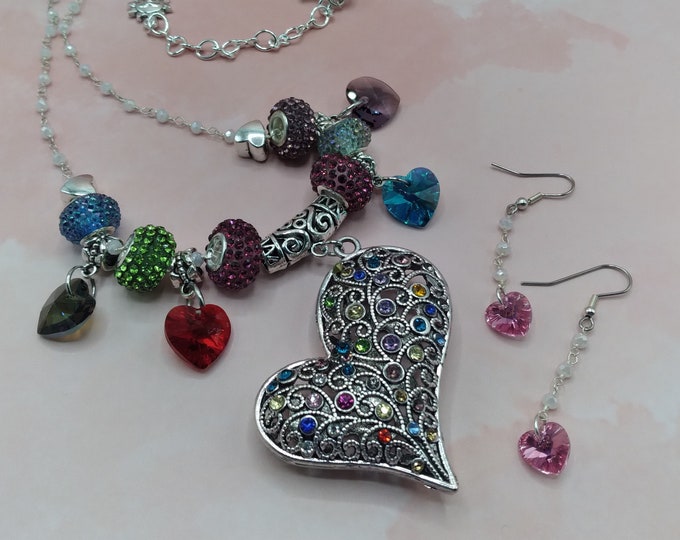 Multi Color Crystal & Silver Heart Pendant, Set Includes Moonstone 20" Adjustable Necklace and Coordinating Hypo-Allergenic Crystal Earrings