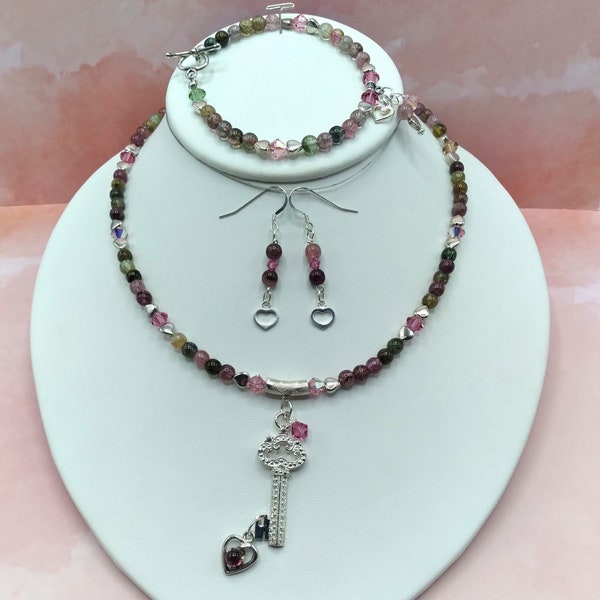 Tourmaline Solid Sterling 3 pc Jewelry Set, Key & Heart Pendant, Coordinating  Necklace, Bracelet, Earrings, Genuine Gemstones, Ships USA