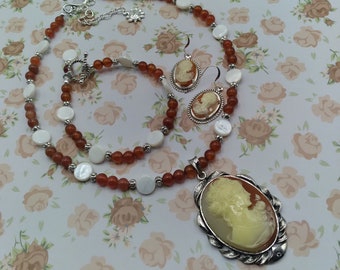 Cameo 3 Piece Beaded Jewelry Set, Genuine Red Carnelian Mother-of-Pearl Adjustable Necklace, Coordinating Bracelet, Matching Cameo Earrings