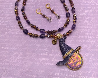 Halloween Amethyst Witch Necklace & Witch Hat Earrings Set: Converts to Pin