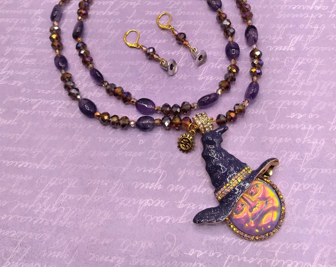 Halloween Amethyst Witch Necklace & Witch Hat Earrings Set: Converts to Pin