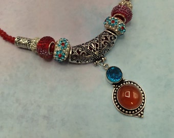 Carnelian & Blue Topaz Silver Pendant Slider Necklace: Removable Crystal Beads