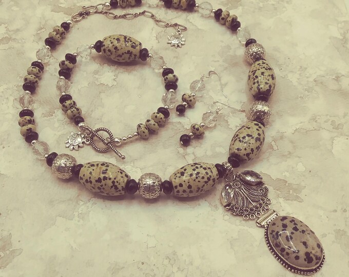 Mocha Dalmatian Jasper, Crystal Quartz, Black Onyx, Solid Sterling 3 Piece Adjustable Statement Necklace, Bracelet, Earrings, Genuine Gem