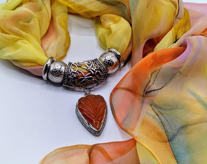 Red Agate Carved Leaf Genuine Gem Slide Scarf Pendant Necklace, 6 Piece Set Also Includes Washable Long Leaf Theme Scarf and 4 Scarf Rings