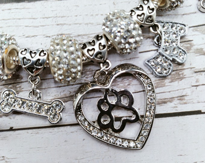 Sterling 18 Inch Silver Dog Paw Charm Necklace, Magnetic Clasp,14 Removable Charms and Large Hole Beads, HypoAllergenic Crystal Paw Earrings