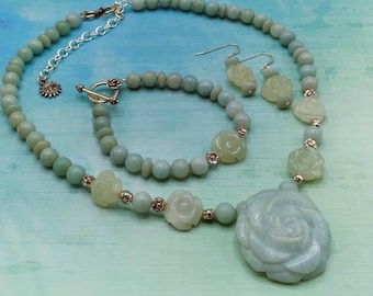 Hand Carved Aqua Amazonite Rose Jewelry Set: Sterling Silver Necklace, Bracelet & Earrings