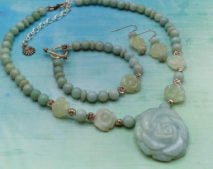 Hand Carved Aqua Amazonite Rose Jewelry Set: Sterling Silver Necklace, Bracelet & Earrings