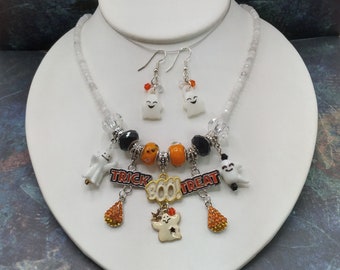 Halloween Moonstone Necklace & Earrings Set: Lampwork Ghost Charms