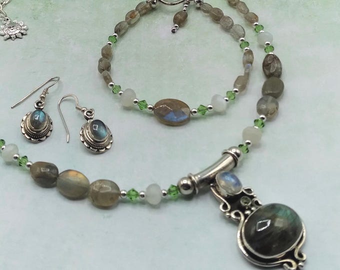 Labradorite Peridot Moonstone Jewelry Set: Solid Sterling Silver Necklace, Bracelet, Earrings
