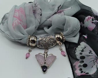 Pink Quartz Carved Butterfly Scarf Pendant Necklace Amethyst Accent, 6 Piece Set Includes Black and Pink Butterfly Long Scarf, 4 Scarf Rings