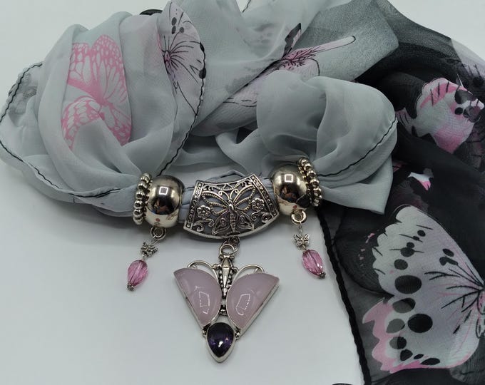 Pink Quartz Carved Butterfly Scarf Pendant Necklace Amethyst Accent, 6 Piece Set Includes Black and Pink Butterfly Long Scarf, 4 Scarf Rings