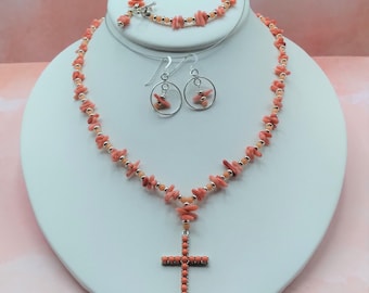 Angelskin Salmon Coral Sterling Jewelry, 3 Piece Set, Cross Pendant, Beaded Coral Toggle Necklace, Gem Toggle Bracelet, Pierced Earrings