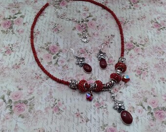 Red Agate lower Charm Necklace and Earrings, 17-21 inch Adjustable Gem & Crystal Necklace with Matching Sterling Ear Wire Flower Earrings