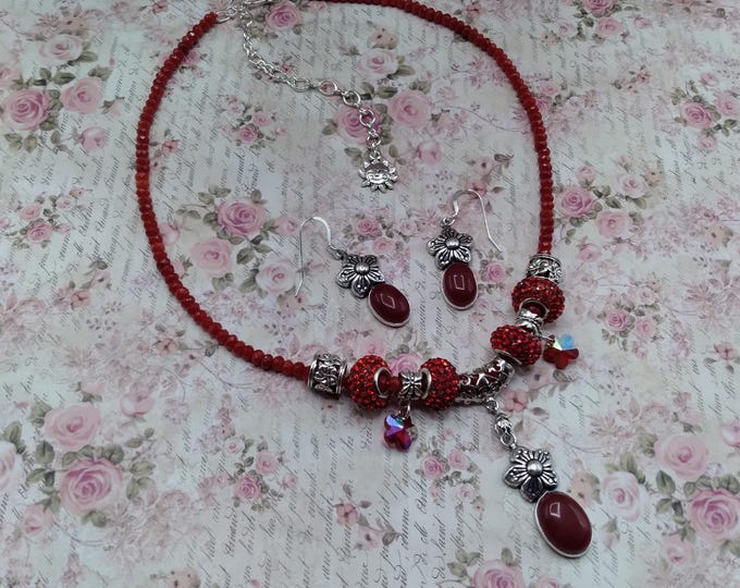 Red Agate lower Charm Necklace and Earrings, 17-21 inch Adjustable Gem & Crystal Necklace with Matching Sterling Ear Wire Flower Earrings