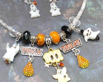 Halloween Moonstone Necklace & Earrings Set: Lampwork Ghost Charms