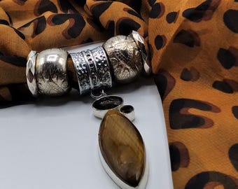 Tigers Eye, Smoky Mocha Quartz, Scarf Gem Slide Pendant Necklace, Coordinating Cheetah Animal Print Long Scarf,  4 Scarf Rings, 6 Pc. Set