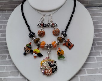 Halloween Black Agate Necklace & Earrings Set, Happy Halloween Pendant, Lamp Work Glass Halloween Charms