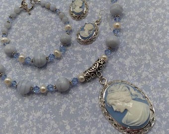 Cameo 3 piece Beaded Gemstone Jewelry Set of Blue Lace Agate, Pearl, Crystal, Adjustable Necklace, Coordinating Bracelet, Cameo Earrings