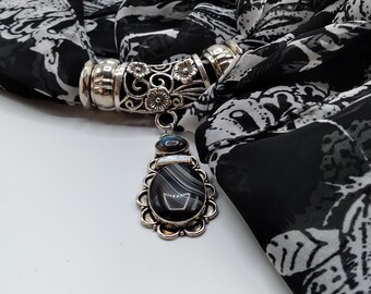 Agate Scarf Slide Pendant Genuine Gem Necklace Set: Labradorite, Pearl, Floral Scarf & Rings