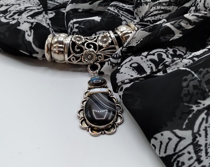Black & White Agate, Labradorite, Pearl Genuine Gemstone Scarf Slide Pendant Necklace, Coordinating Set Also Includes Scarf and Scarf Rings