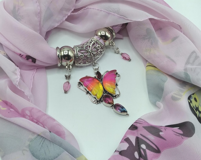 Butterfly Agate Scarf Slide Set; Gem Pendant, Scarf and Swarovski Rings 6 Pieces