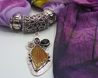 Faceted Amethyst and Yellow Quartz Carved Leaf Gem Slide Pendant, 6 Pc. Set Includes Pendant, Purple Leaf Theme Long Scarf & 4 Scarf Rings