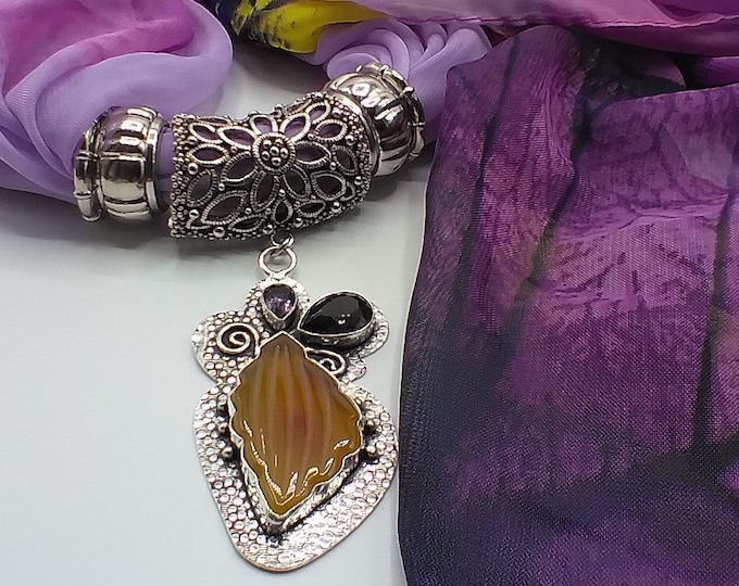 Faceted Amethyst and Yellow Quartz Carved Leaf Gem Slide Pendant, 6 Pc. Set Includes Pendant, Purple Leaf Theme Long Scarf & 4 Scarf Rings