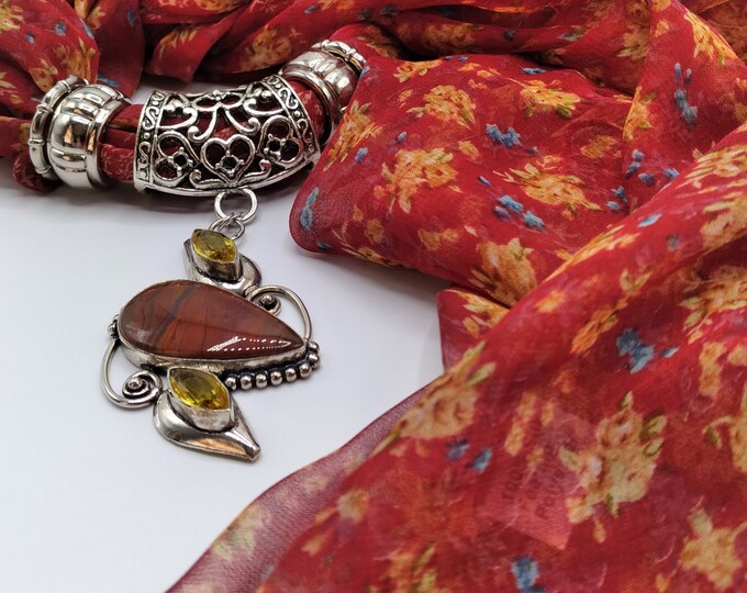 Red Jasper & Citrine Gem Scarf Slide Pendant Necklace, Includes Russet Red and Golden Flowers Long Scarf, 4 Scarf Rings, 6 Piece Set, Unique