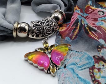 Butterfly Carved Quartz Scarf Gemstone Pendant Necklace, Pink & Yellow, 6 Pc Set Includes Multi-Butterfly Silver Long Scarf, 4 Scarf Rings