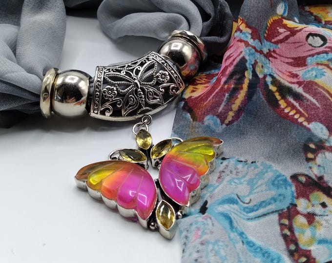Butterfly Carved Quartz Scarf Gemstone Pendant Necklace, Pink & Yellow, 6 Pc Set Includes Multi-Butterfly Silver Long Scarf, 4 Scarf Rings
