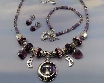 Amethyst Cat Theme Jewelry Set of 3, Purple Necklace, Bracelet, Earrings, Genuine Gems, Pave Crystal, Silver, Adjustable, Signed Original