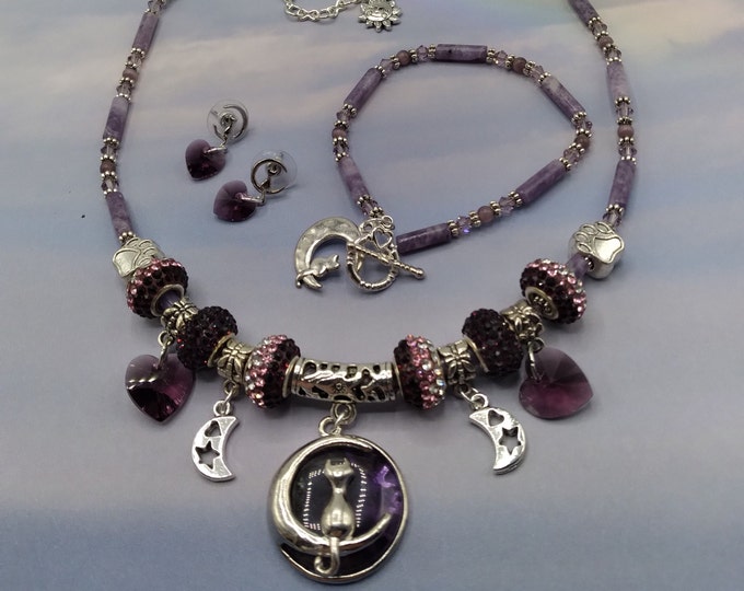 Amethyst Cat Theme Jewelry Set of 3, Purple Necklace, Bracelet, Earrings, Genuine Gems, Pave Crystal, Silver, Adjustable, Signed Original