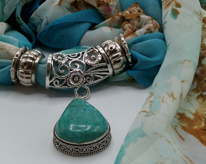 Turquoise Gem Scarf Slide Pendant Necklace, 6 Piece Set Also Includes Coordinating Aqua Beige & White Floral Long Scarf and 4 Scarf Rings
