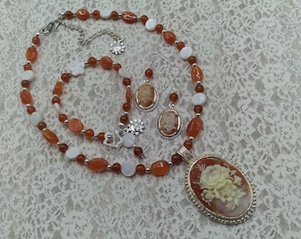Cameo, 3 Piece Beaded Jewelry Set of Red Carnelian, Mother of Pearl 17 inch Adjustable Necklace, Includes Toggle Bracelet, Matching Earrings
