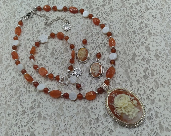 Cameo, 3 Piece Beaded Jewelry Set of Red Carnelian, Mother of Pearl 17 inch Adjustable Necklace, Includes Toggle Bracelet, Matching Earrings