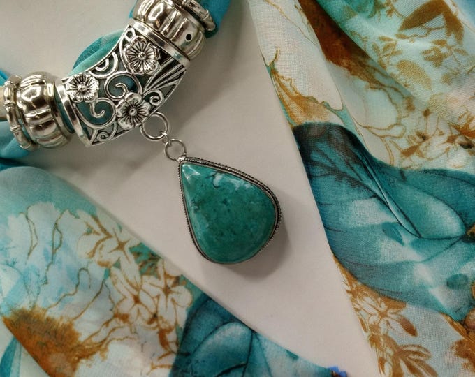 Turquoise Gemstone Scarf Slide Pendant Necklace Set: Floral Scarf & Rings