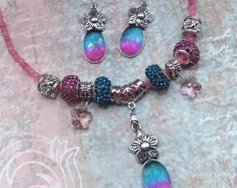 Pink & Aqua Quartz Flower Charm Necklace and Earrings, 17-21 inch Adjustable, Matching 2 Piece Jewelry Set