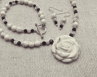White Howlite Rose Pendant Genuine Gemstone Necklace Bracelet Earring Set: Black Onyx Accents, Sterling Silver