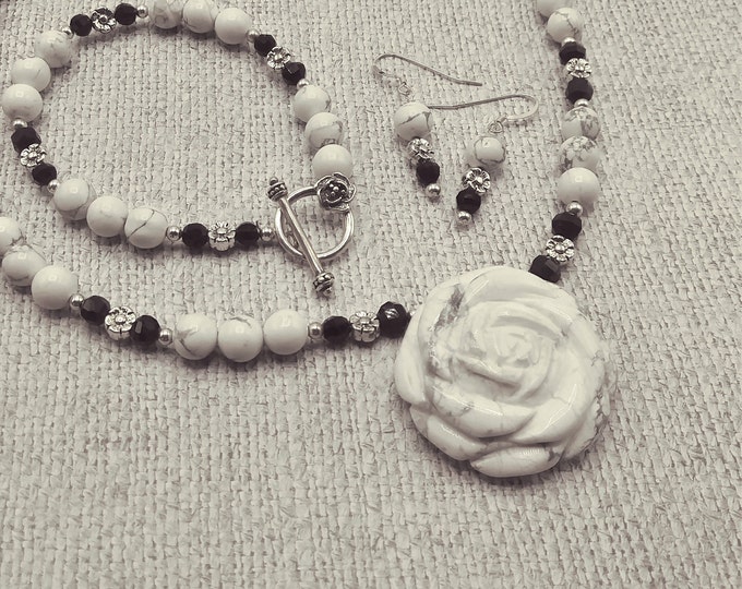 White Howlite Rose Pendant Set: Black Onyx, Sterling Silver Necklace, Bracelet, Earrings