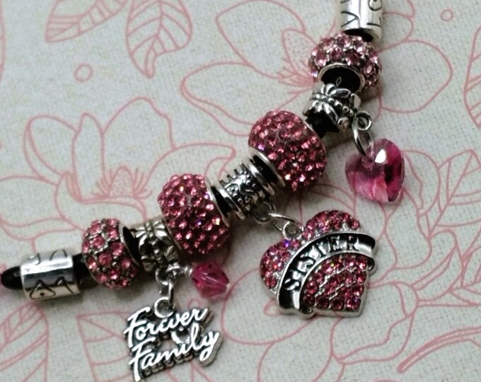Pink Crystal Sister Heart Charm Gem Necklace, Genuine Black Onyx and Pink Crystal 18-21 Inch Adjustable, 8 Additional Slide Charms Included