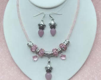 Rose Quartz Flower and Crystal Slider Necklace & Sterling Silver Earrings Set, Adjustable