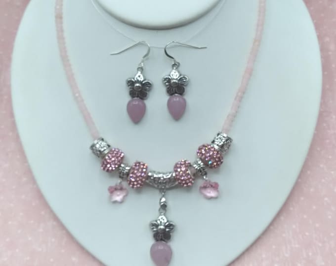 Rose Quartz Flower and Crystal Slider Necklace & Sterling Silver Earrings Set, Adjustable