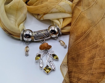 Natural Citrine, White Pearls Gemstone Scarf Slide Pendant Necklace, 6 Piece Set  Includes Beige & Yellow Floral Long Scarf, 4 Scarf Rings