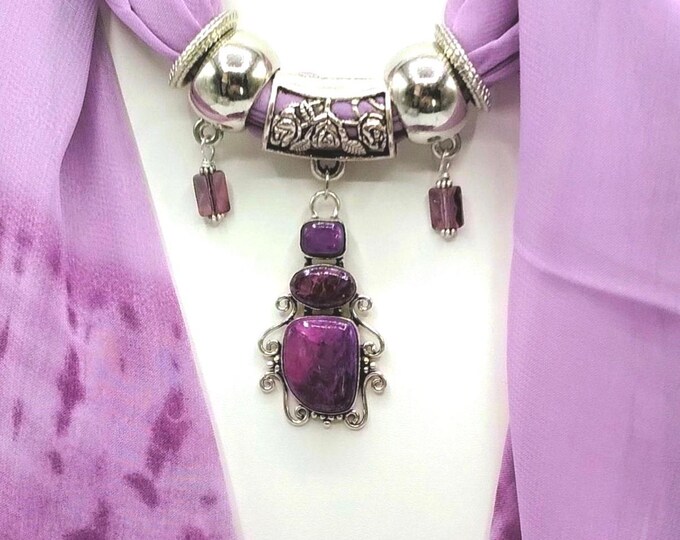Purple Fluorite Genuine Gem Scarf Slider Pendant Necklace Set: Silver Filigree, Rings & Long Scarf