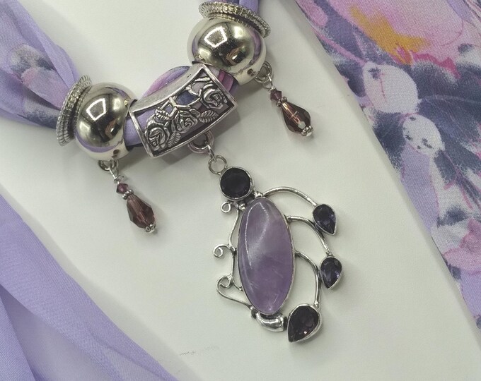 Amethyst Pendant Scarf Slide Necklace Set: Includes Floral Scarf & Rings
